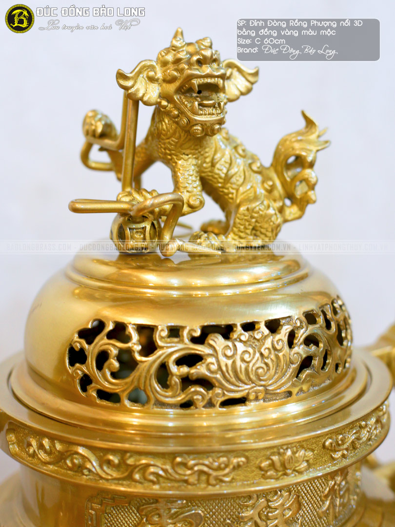 đỉnh thờ rồng phượng đúc nổi bằng đồng vàng cao 60cm