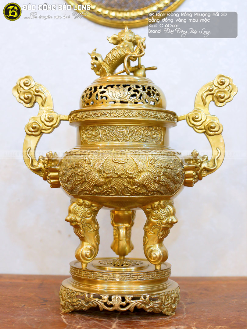 đỉnh thờ rồng phượng đúc nổi bằng đồng vàng cao 60cm