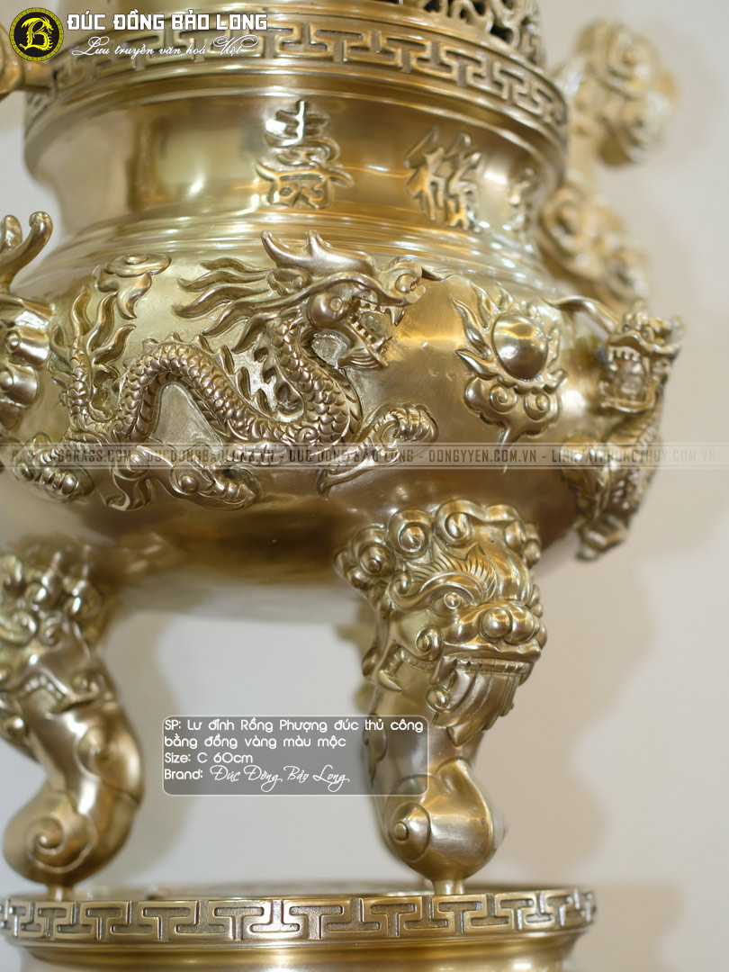 Lư đỉnh đồng Rồng Phượng bằng đồng thau màu mộc cao 60cm