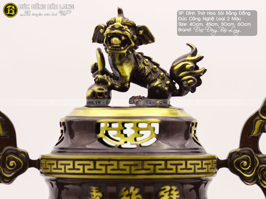 Lư Đỉnh Đồng Hoa Sòi Đúc Công Nghệ 2 Màu 2 phần nắp lư đỉnh đồng hoa sòi đúc công nghệ loại 2 màu