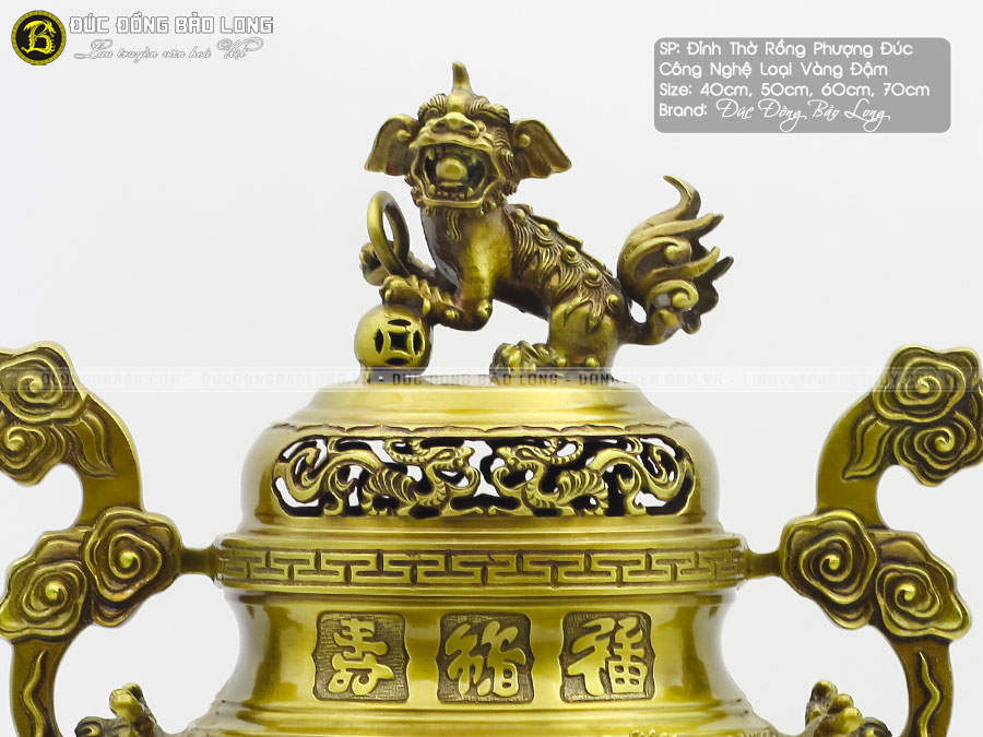 Lư Đỉnh Đồng Rồng Phượng Đúc Công Nghệ Màu Vàng Đậm 2 phần nắp Lư đỉnh đồng rồng phượng đúc công nghệ màu vàng đậm