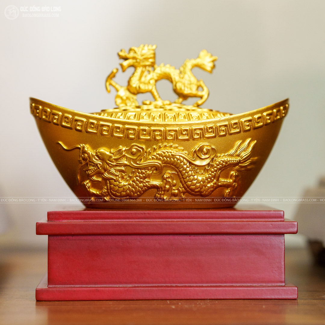thỏi vàng phong thủy bằng đồng thau có nắp rồng dài 13cm
