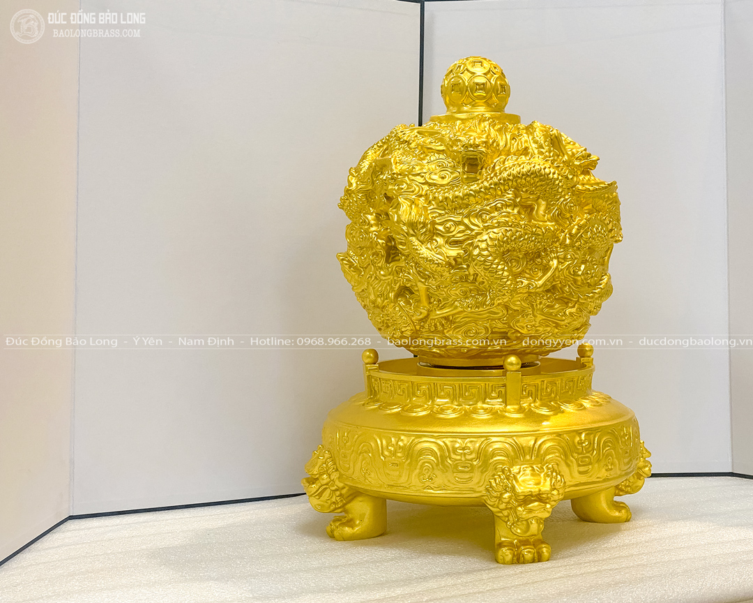 Quả Cầu Ngũ Long bằng đồng dát vàng 9999 cao 35cm