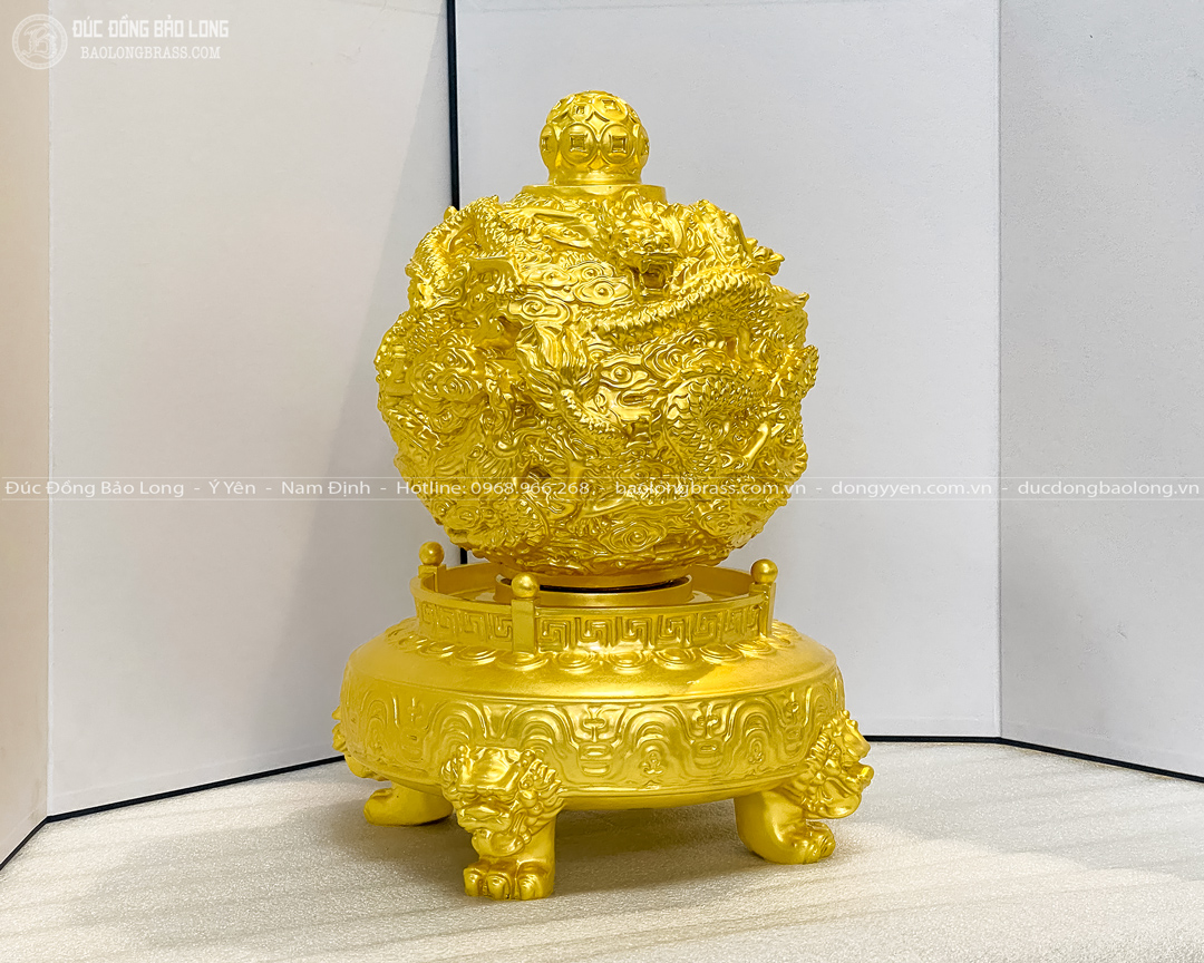 Quả Cầu Ngũ Long bằng đồng dát vàng 9999 cao 35cm