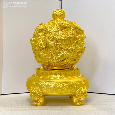 Quả Cầu Ngũ Long Phong Thủy Bằng Đồng Dát Vàng 9999 Cao 35Cm