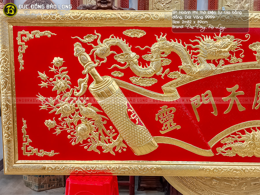Tấm Hoành Phi Thờ Điện Tư Gia Bằng Đồng Dát Vàng 9999 Khổ 2m82 x 89cm