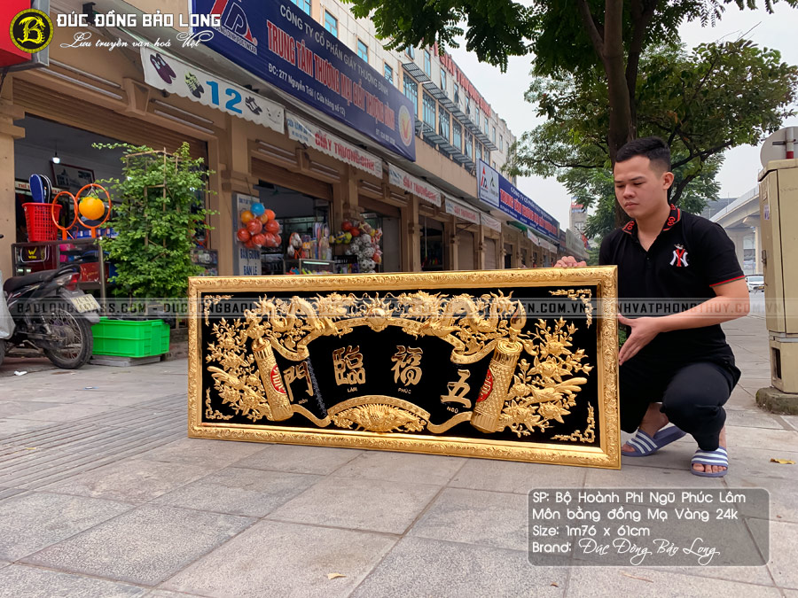 Tấm Hoành Phi Ngũ Phúc Lâm Môn Bằng Đồng Vàng Mạ Vàng 24k Khổ 1m76 x 61cm