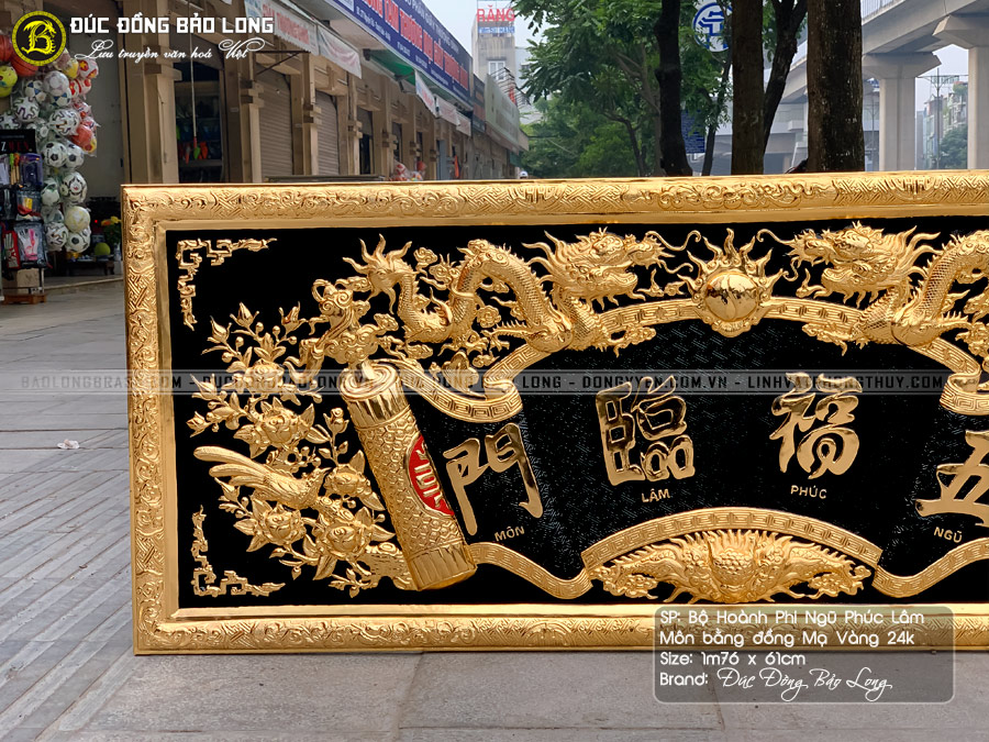 tấm hoành phi Ngũ Phúc Lâm Môn bằng đồng mạ vàng 24k khổ 1m76 x 61cm