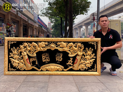 Tấm Hoành Phi Ngũ Phúc Lâm Môn Bằng Đồng Vàng Mạ Vàng 24k Khổ 1m76 x 61cm