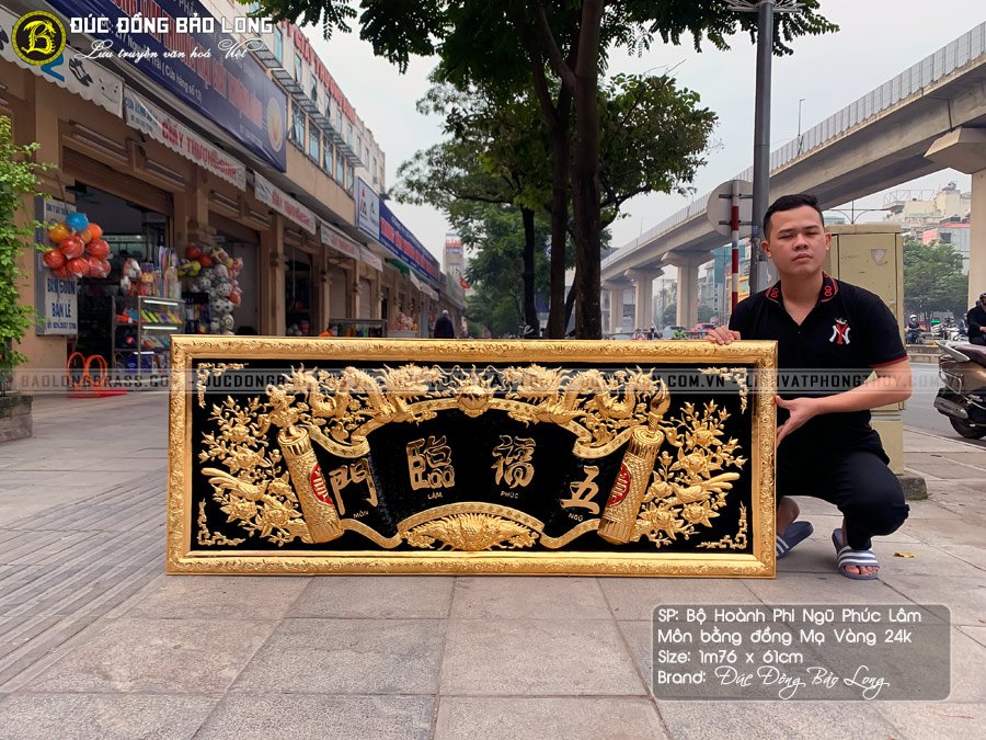 tấm hoành phi Ngũ Phúc Lâm Môn bằng đồng mạ vàng 24k khổ 1m76 x 61cm