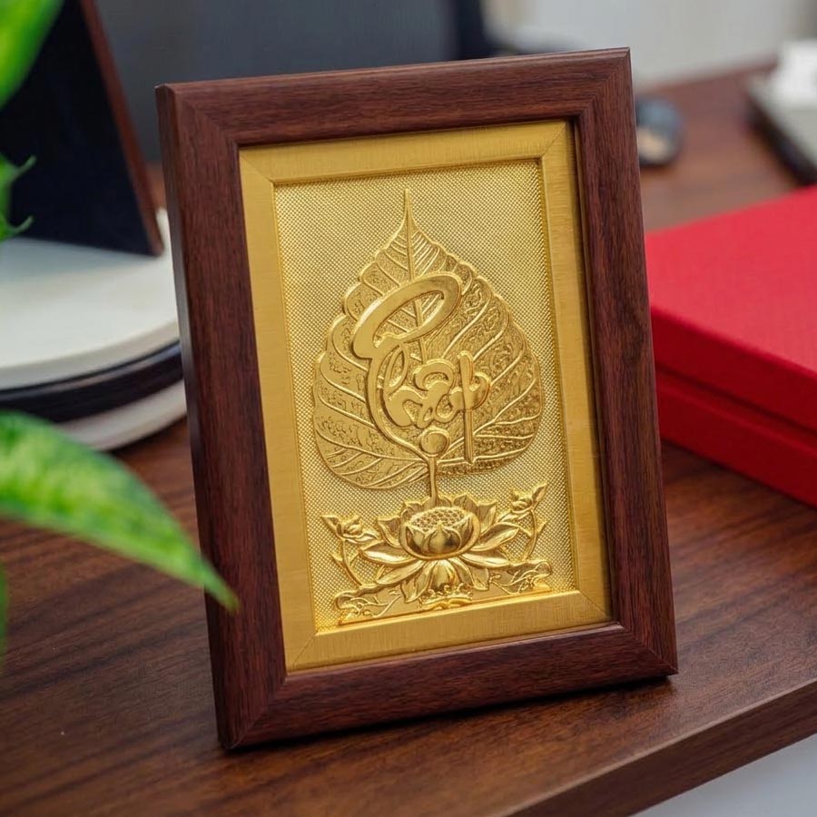 Tranh Để Bàn Lá Đề Chữ Phật Bằng Đồng Khổ 20cm x 25cm