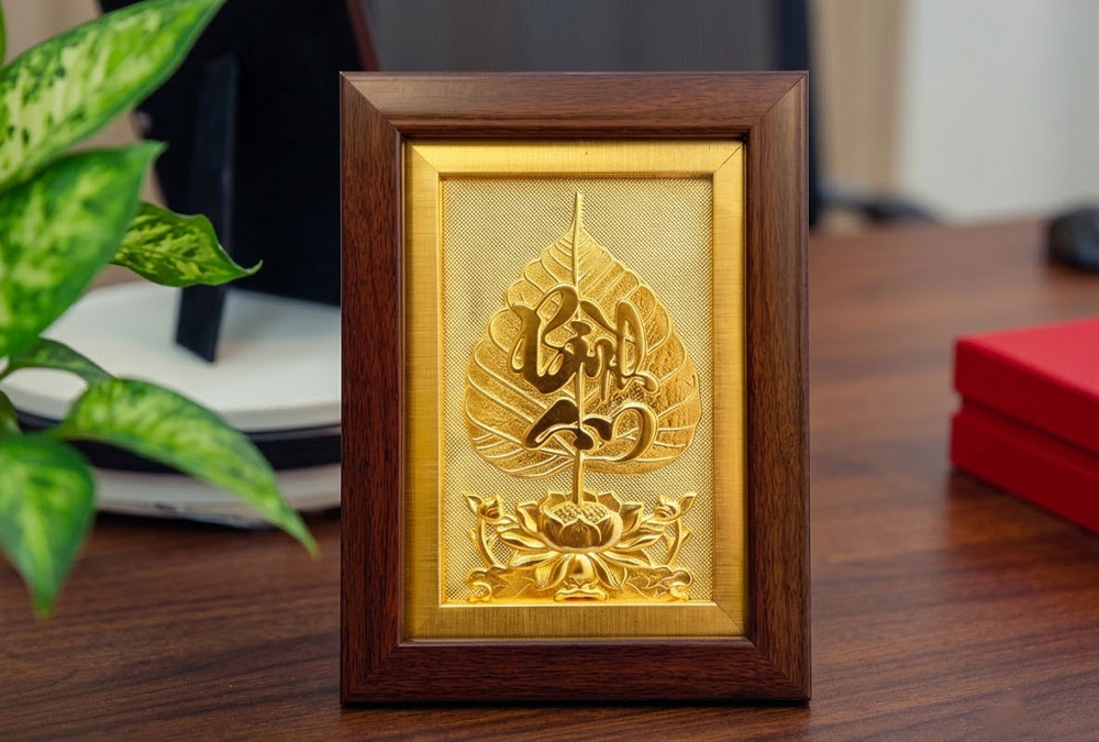 Tranh Để Bàn Lá Bồ Đề Chữ Bình An Để KT 15cm x 20cm