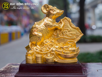 Tượng Chuột Tài Lộc Bằng Đồng Vàng Cao 22cm Dát Vàng 9999