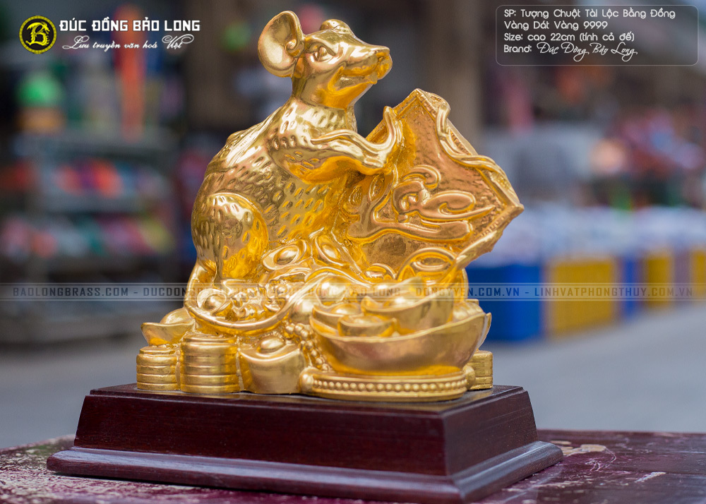 tượng chuột tài lộc bằng đồng cao 22cm dát vàng 9999