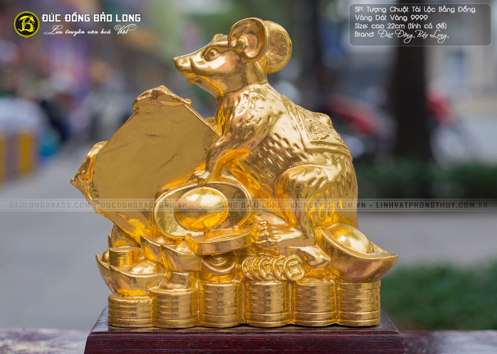 tượng chuột tài lộc bằng đồng thếp vàng 9999