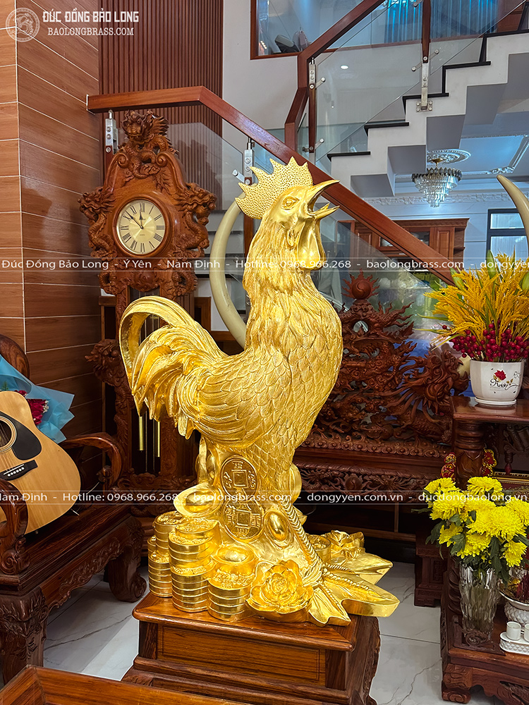 Tượng Gà Trống Bằng Đồng Đỏ Dát Vàng 24K Cao 1m