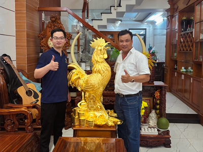 Tượng Gà Trống Bằng Đồng Đỏ Dát Vàng 24k Cao 1m1
