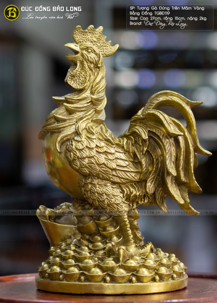 Tượng Gà Đứng Trên Mâm Vàng Bằng Đồng Cao 27cm - TGBD119 2