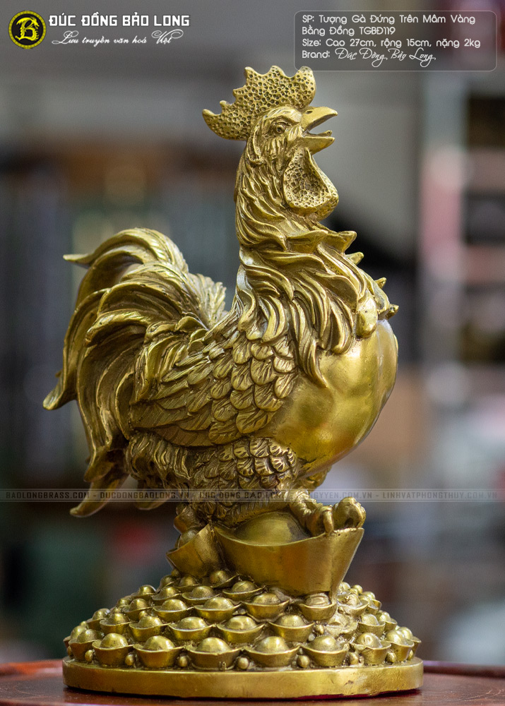 Tượng Gà Đứng Trên Mâm Vàng Bằng Đồng Cao 27cm - TGBD119 4