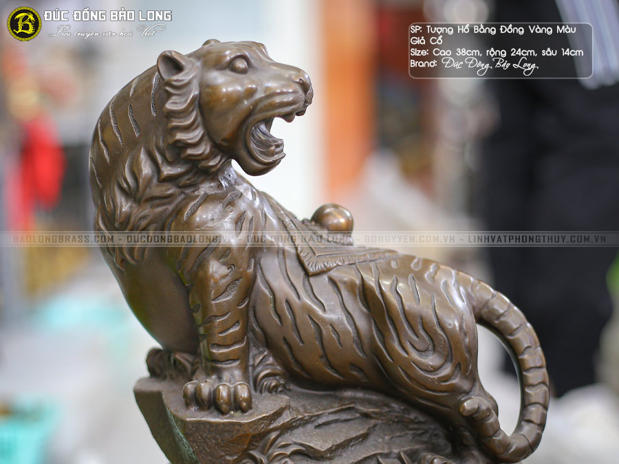 tượng hổ phong thủy bằng đồng cao 38cm màu giả cổ