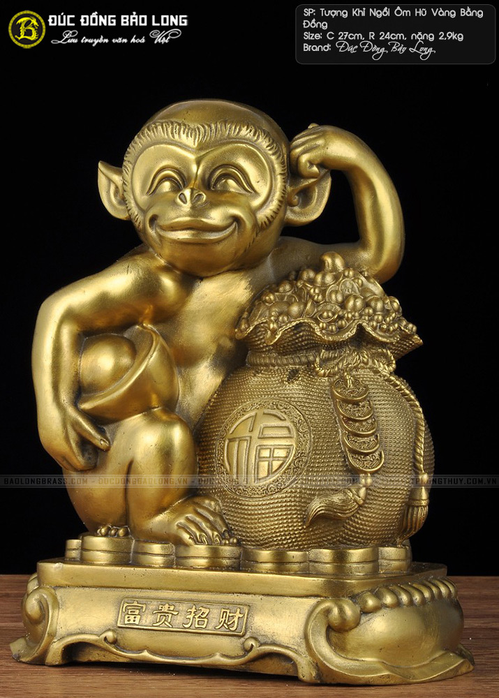 tượng khỉ ngồi ôm hũ vàng bằng đồng cao 27cm