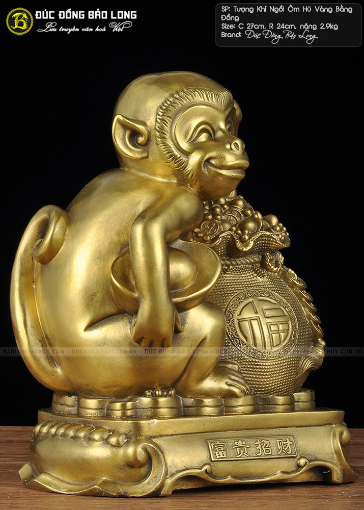 tượng khỉ ngồi ôm hũ vàng bằng đồng cao 27cm