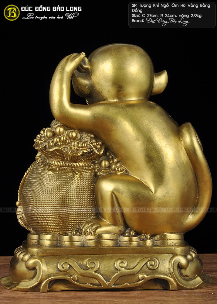 tượng khỉ ôm hũ vàng bằng đồng cao 27cm