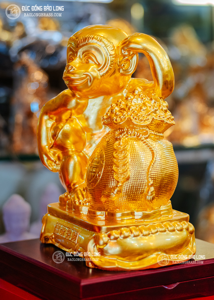 tượng khỉ ôm hũ vàng bằng đồng cao 27cm dát vàng 9999