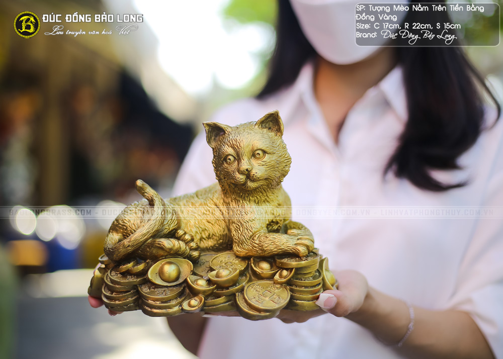 Tượng Mèo Nằm Trên Tiền Bằng Đồng Cao 17cm - TMPT774 3