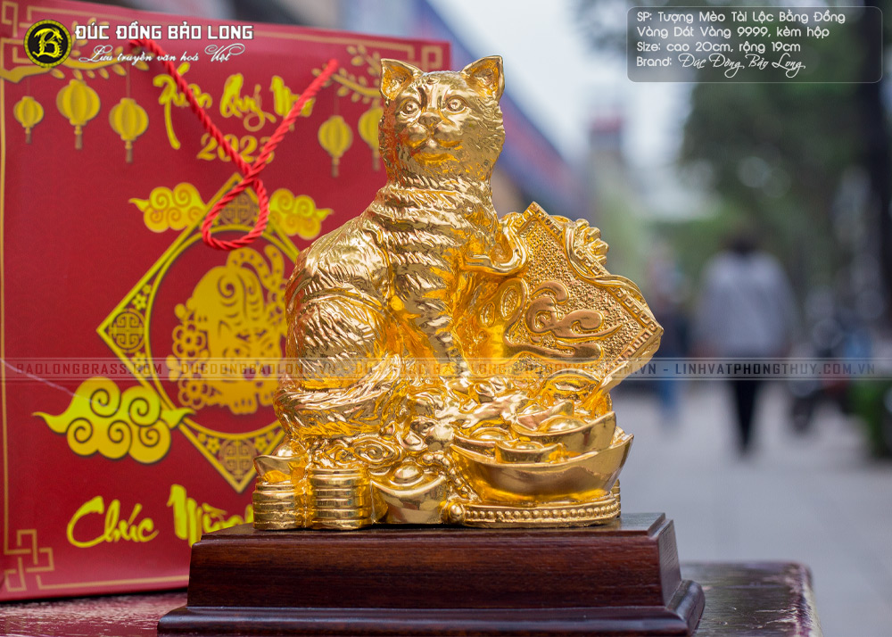 tượng Mèo Tài Lộc bằng đồng 20cm Dát vàng