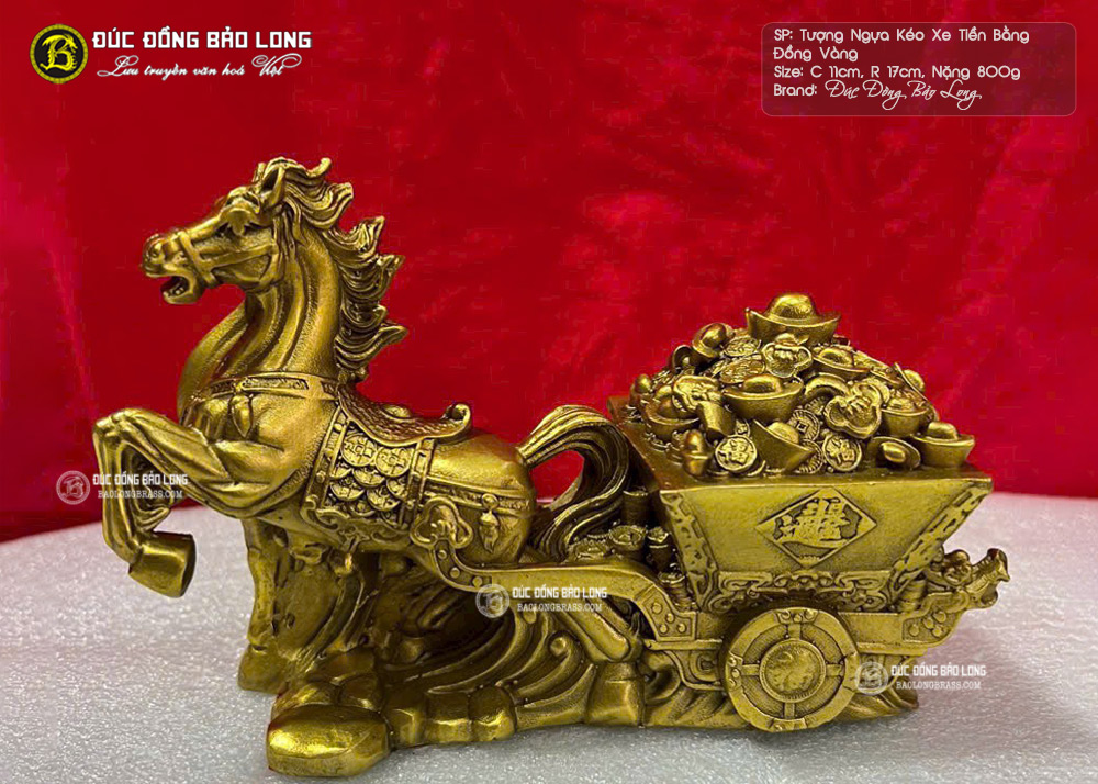 Tượng Ngựa Kéo Xe Tiền Bằng Đồng Vàng Cao 11cm