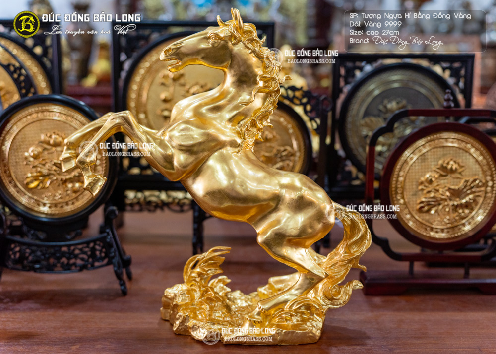 Tượng Ngựa Hí Bằng Đồng Dát Vàng 9999 Cao 27cm