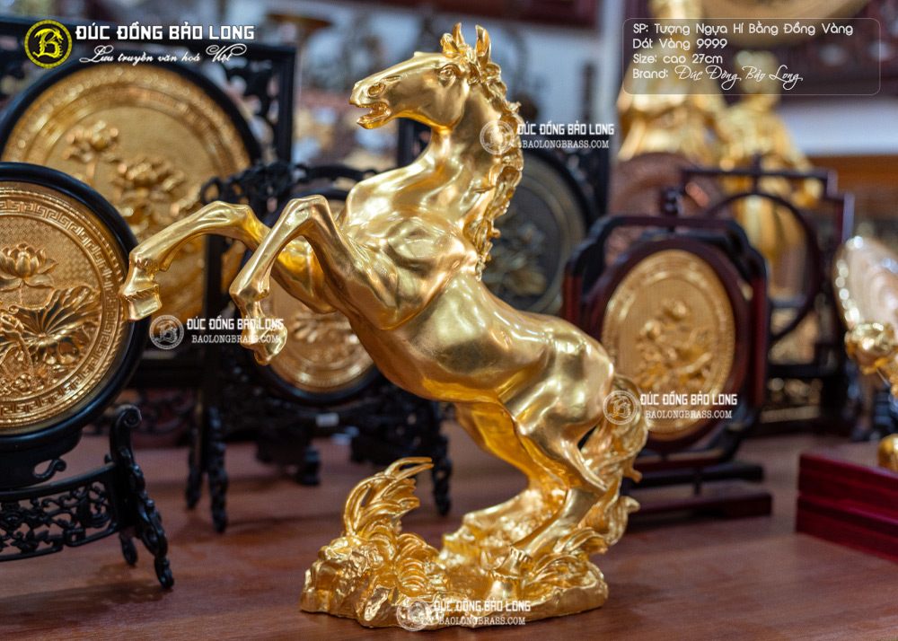 Tượng Ngựa Hí Bằng Đồng Dát Vàng 9999 Cao 27cm