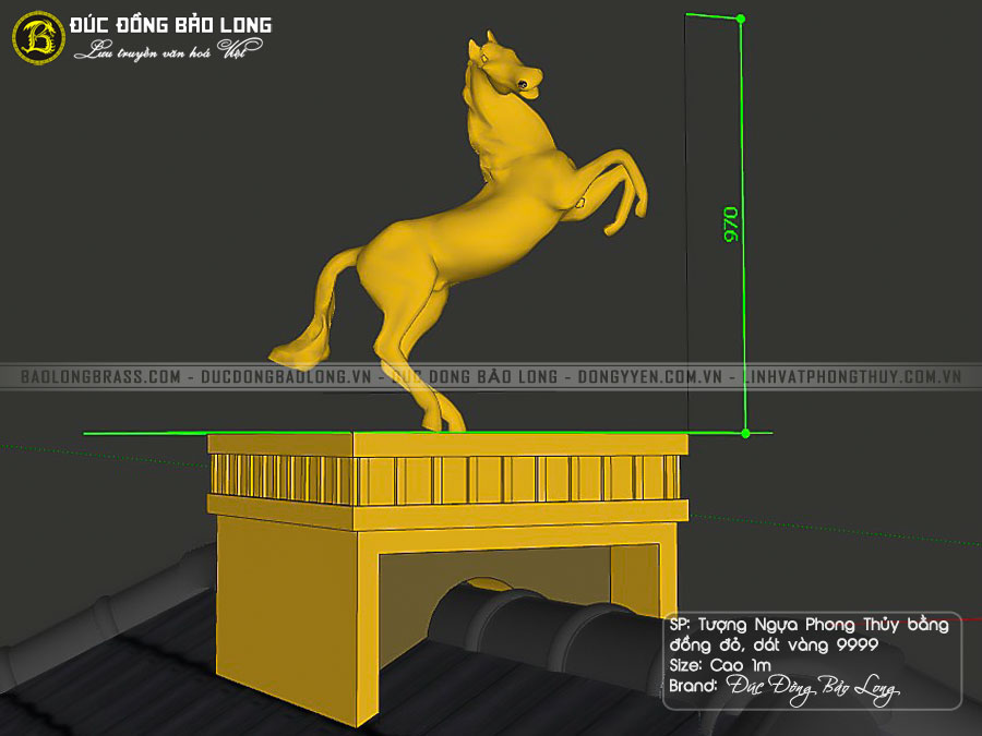 tượng ngựa bằng đồng đỏ dát vàng 9999 cao 1m