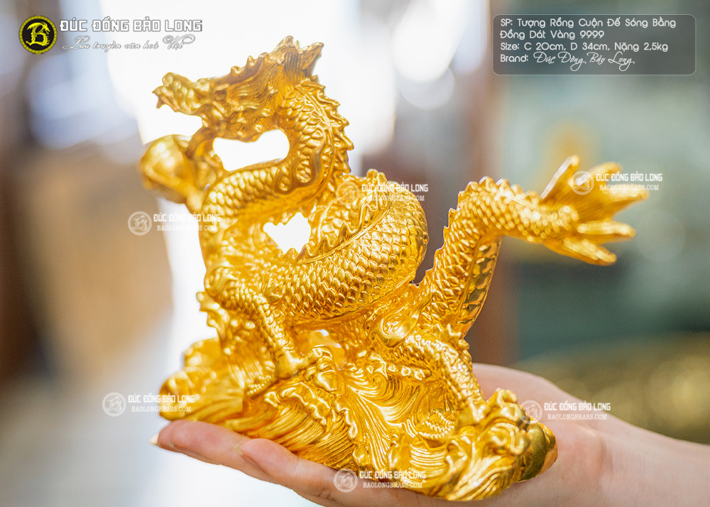 tượng rồng cuộn đế sóng bằng đồng dài 34cm dát vàng 9999