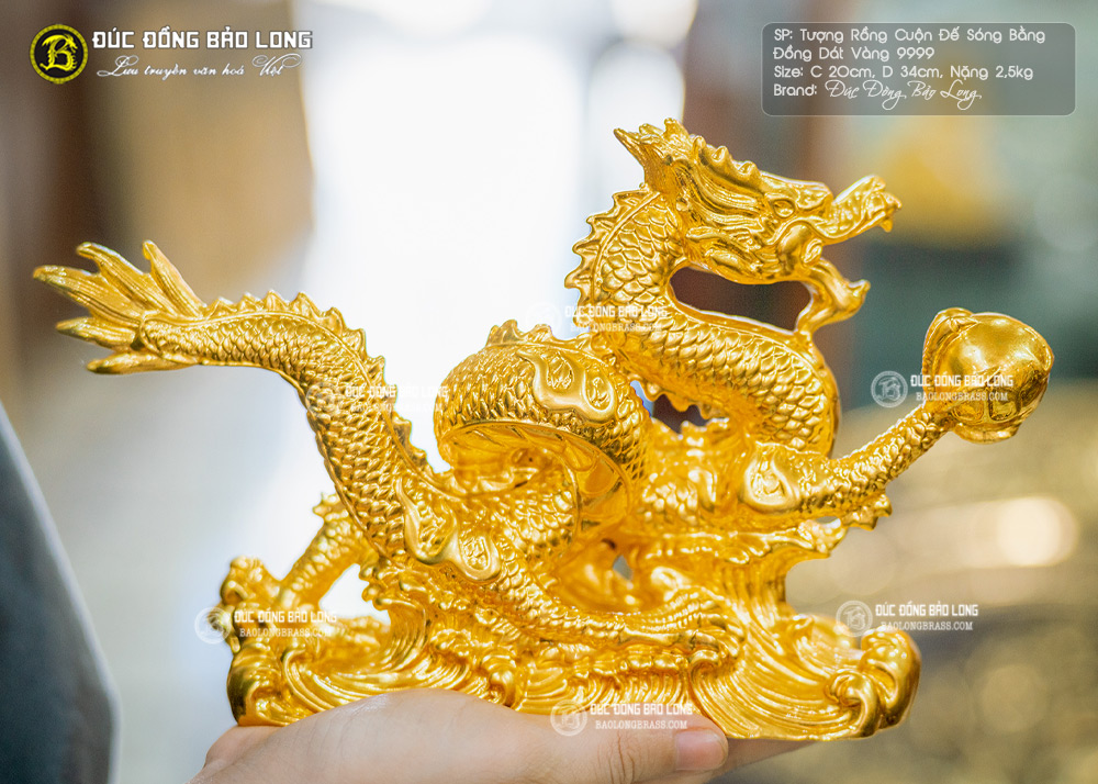 tượng rồng cuộn đế sóng bằng đồng dài 34cm dát vàng 9999