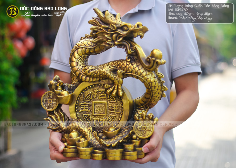 tượng Rồng Cuốn Tiền 40cm bằng đồng thau