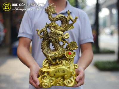 Tượng Rồng Nhả Tiền Bằng Đồng Vàng Cao 42cm