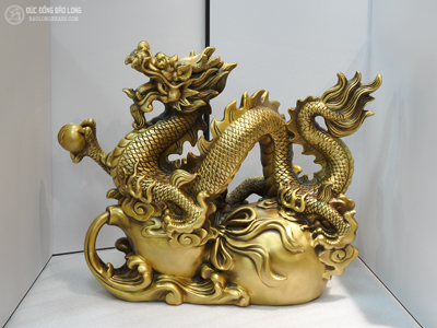 Tượng Rồng Cưỡi Hồ Lô Phong Thủy Bằng Đồng Vàng Dài 52Cm