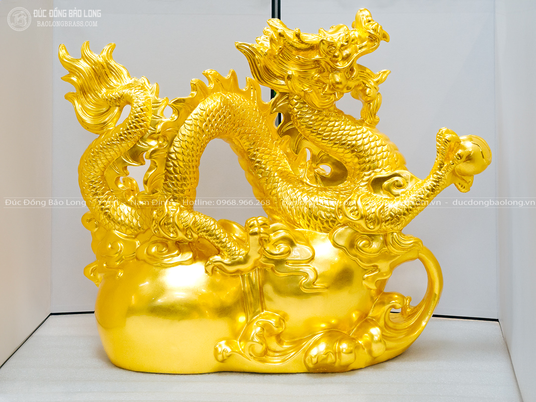 tượng rồng cưỡi hồ lô phong thủy bằng đồng dát vàng dài 52cm