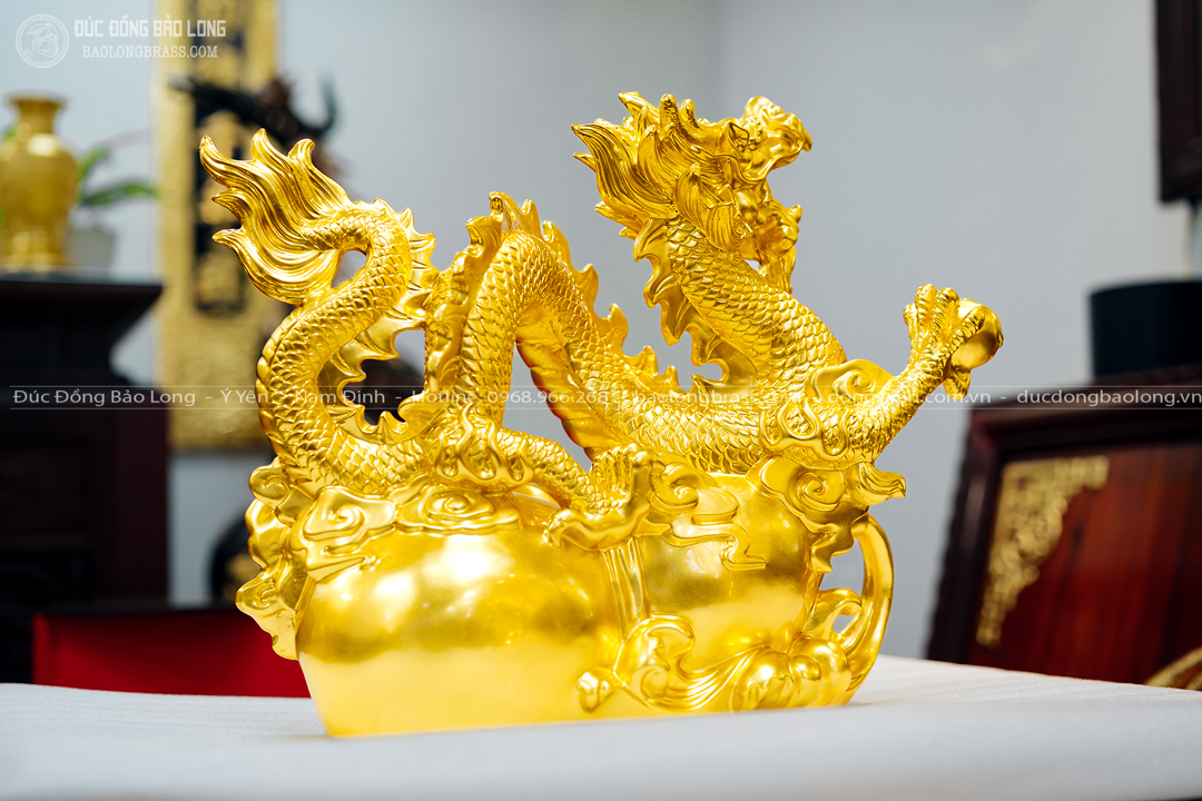 tượng rồng cưỡi hồ lô phong thủy bằng đồng dát vàng dài 52cm