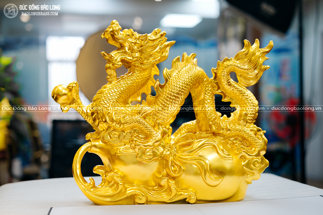 tượng rồng cưỡi hồ lô phong thủy bằng đồng dát vàng dài 52cm