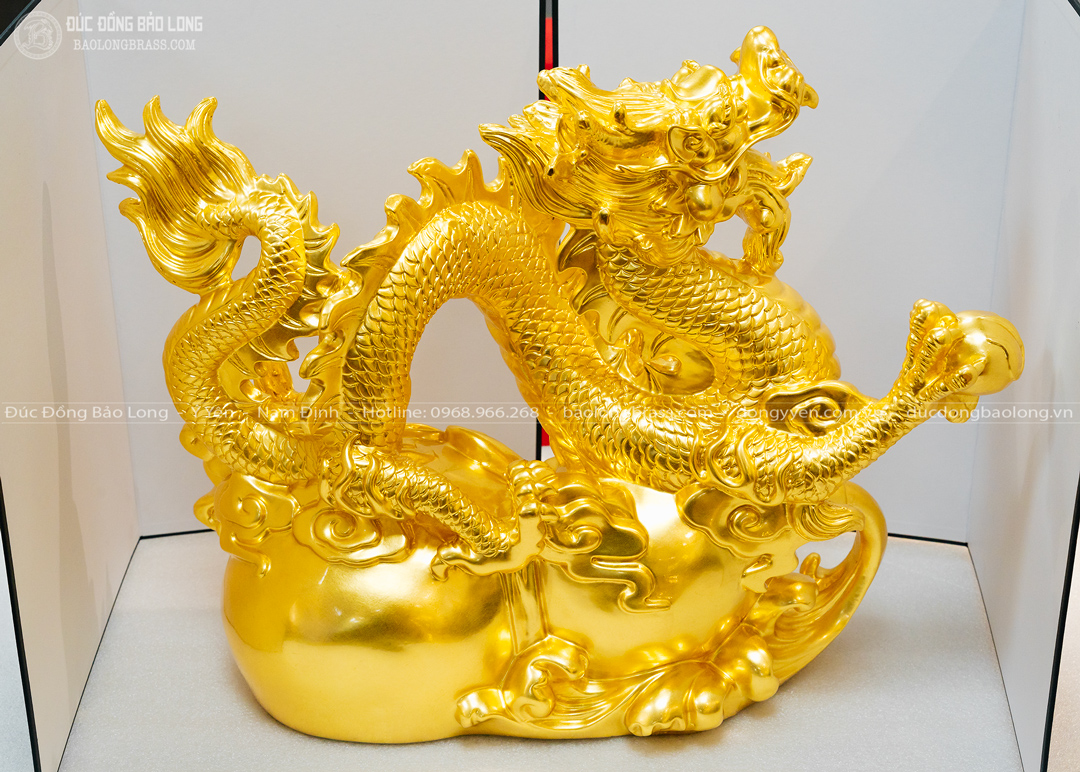 tượng rồng cưỡi hồ lô phong thủy bằng đồng dát vàng dài 52cm