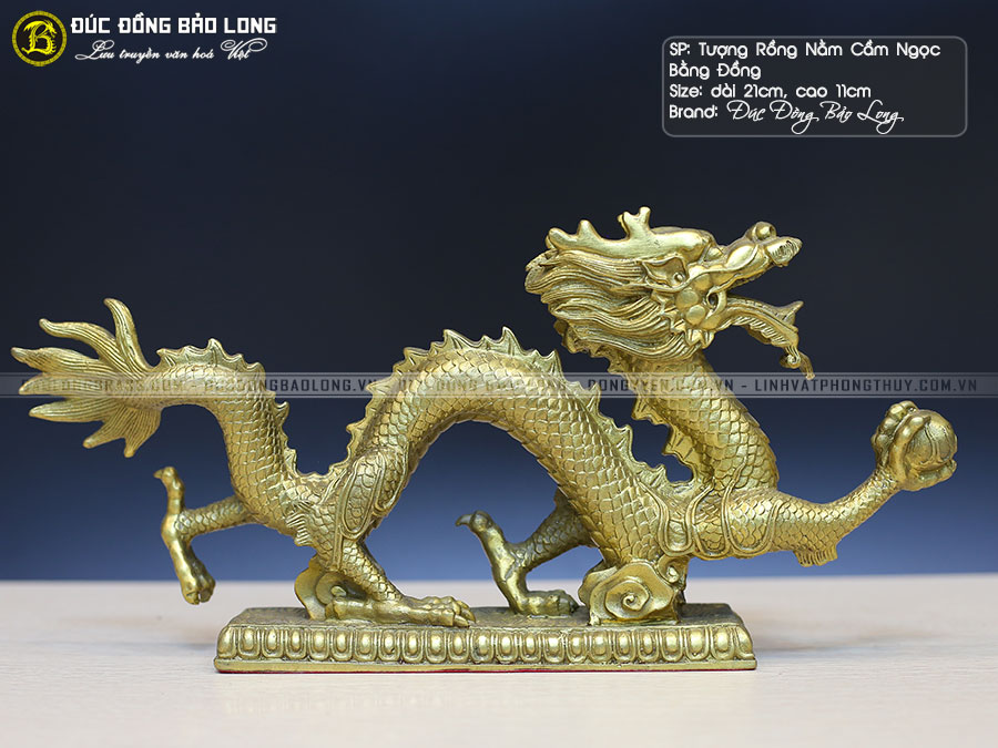 tượng Rồng cầm ngọc bằng đồng vàng dài 21cm