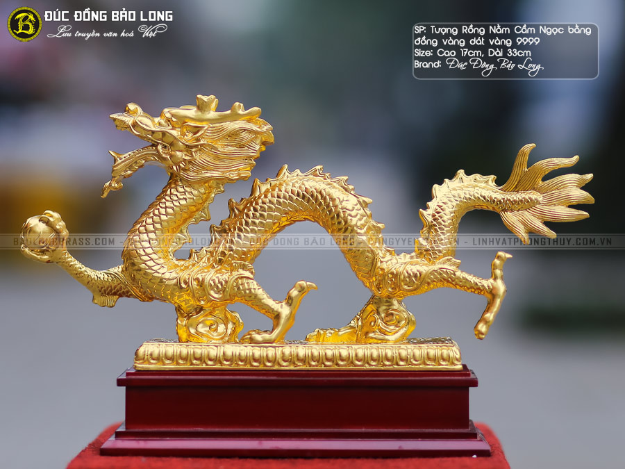 Tượng Rồng Nằm Cầm Ngọc Bằng Đồng Dài 33cm Dát Vàng 9999