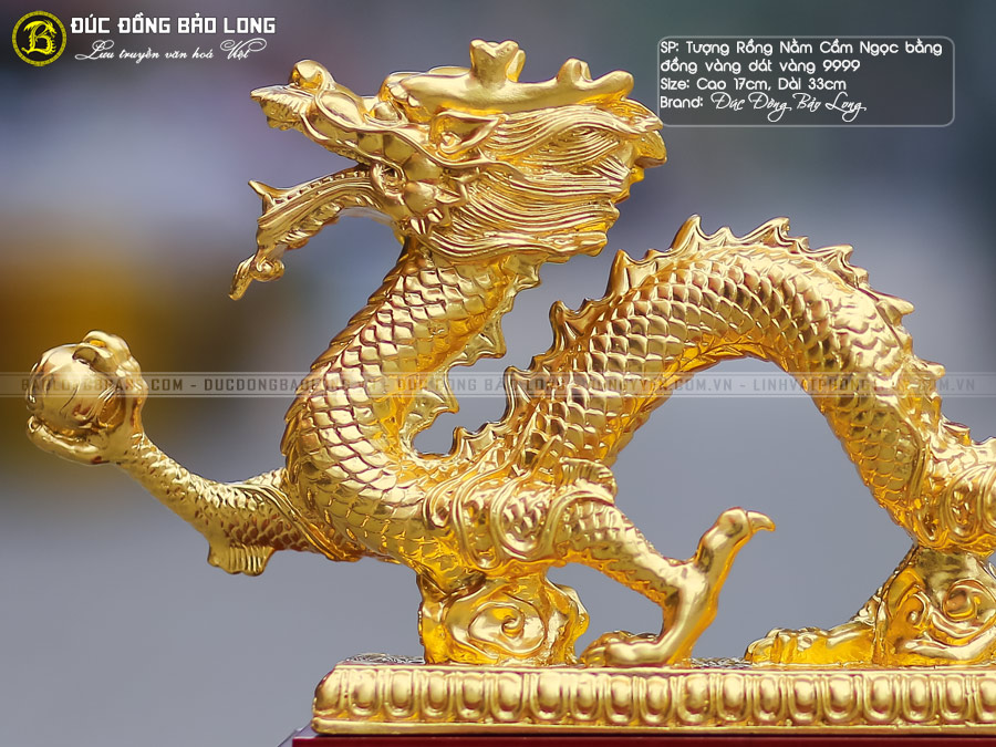 Tượng Rồng Nằm Cầm Ngọc Bằng Đồng Dài 33cm Dát Vàng 9999