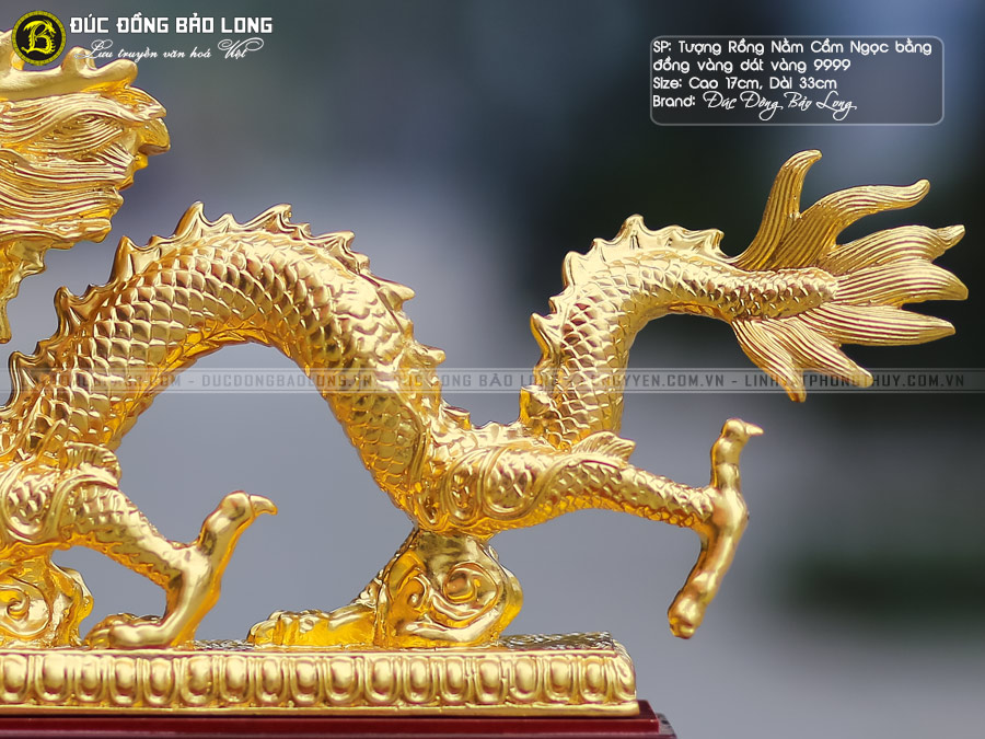 Tượng Rồng Cầm Ngọc Bằng Đồng Dài 33cm Dát Vàng 9999