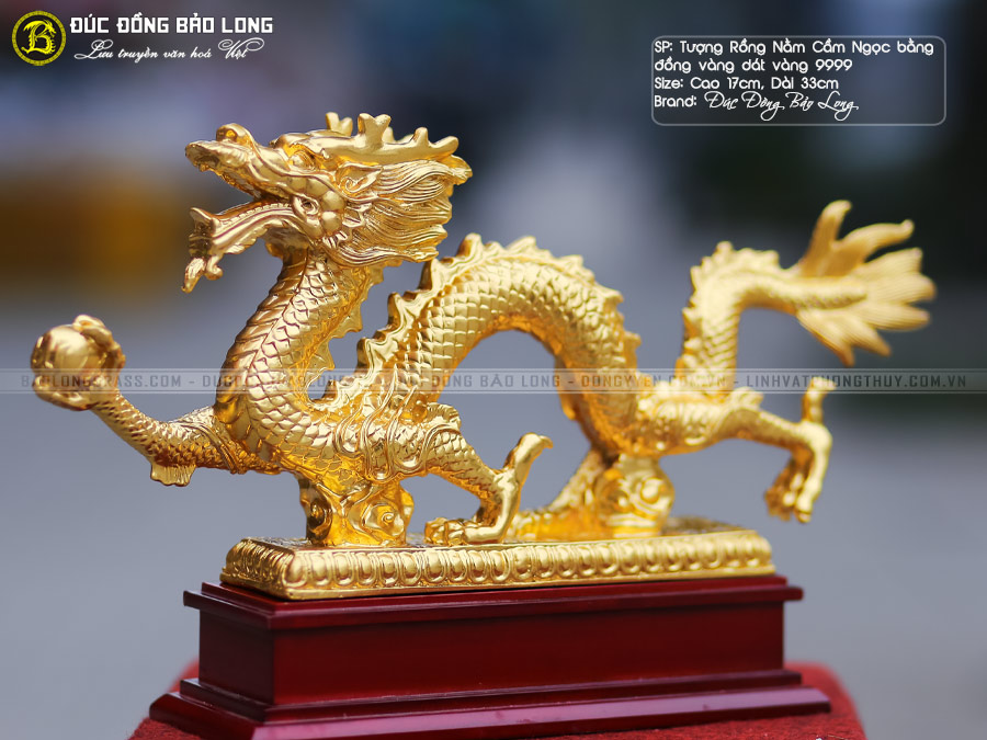 tượng Rồng cầm ngọc bằng đồng vàng dài 33cm dát vàng 9999