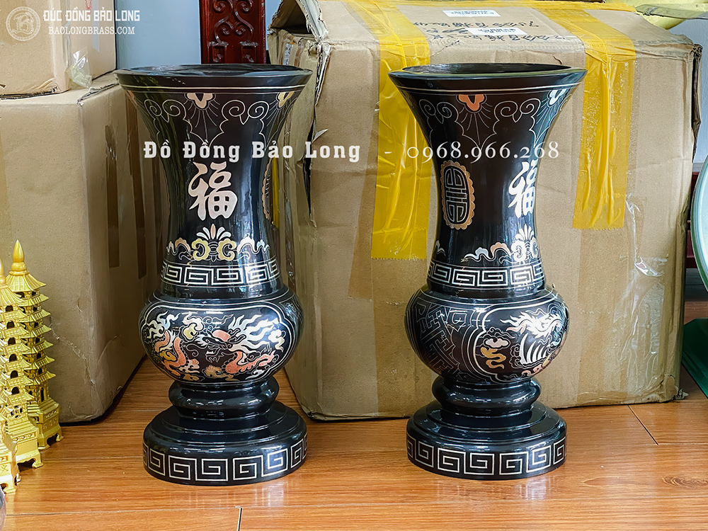 Đôi lọ hoa bằng đồng khảm tam khí Rồng Phượng cao 30cm
