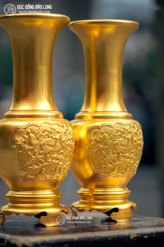 đôi Lọ hoa Cúc bằng đồng dát vàng 9999 cao 36cm